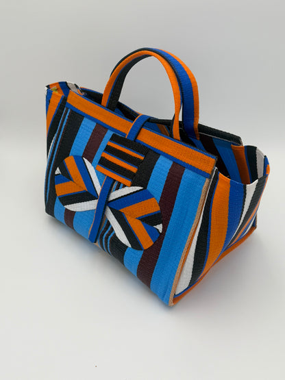 Boho Large handwoven tote bag by SCRUBIES in Orange,Blue,Wine,Black with Stripes design and Bow accent pattern