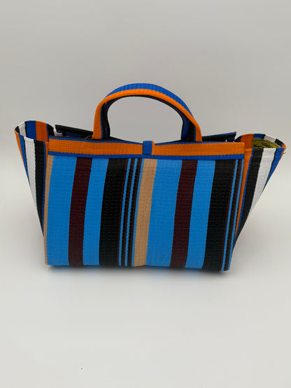 Boho Large handwoven tote bag by SCRUBIES in Orange,Blue,Wine,Black with Stripes design and Bow accent pattern