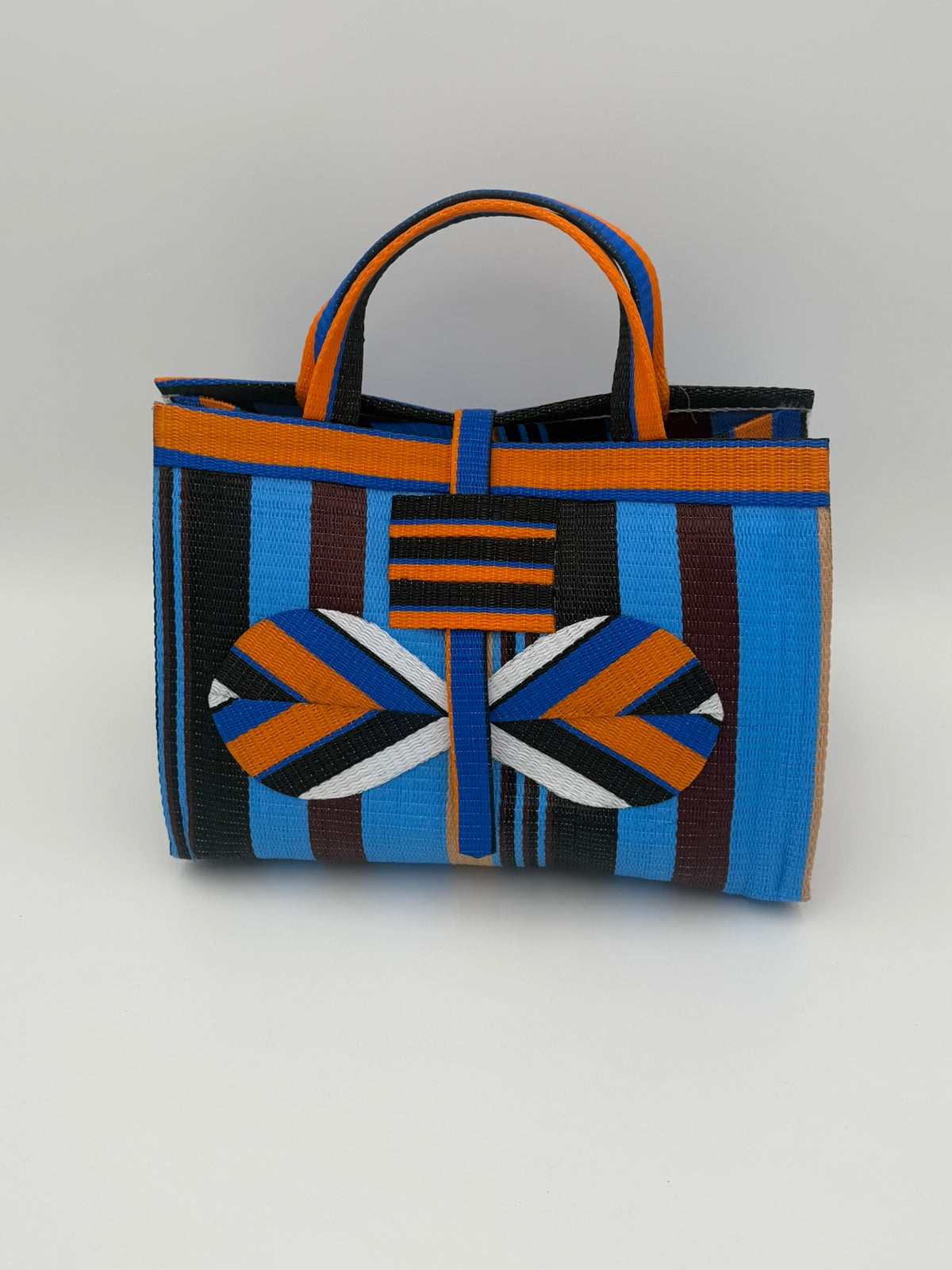 Boho Large handwoven tote bag by SCRUBIES in Orange,Blue,Wine,Black with Stripes design and Bow accent pattern