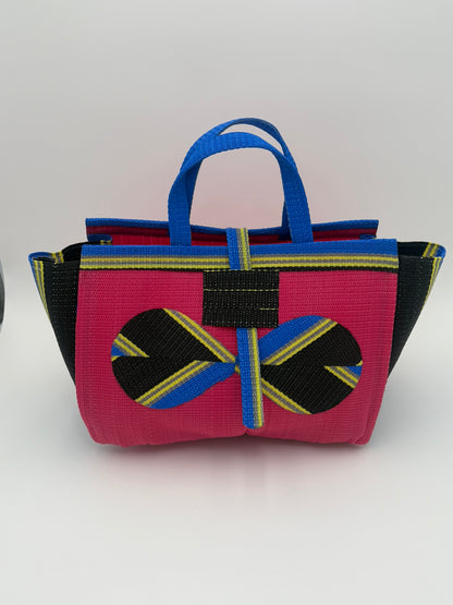Candy Large handwoven tote bag by SCRUBIES in Pink,Black,Blue,Yellow with Solid design and Bow accent pattern