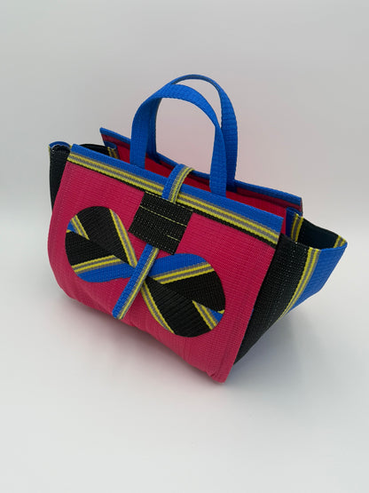 Candy Large handwoven tote bag by SCRUBIES in Pink,Black,Blue,Yellow with Solid design and Bow accent pattern