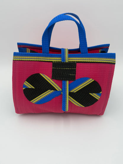 Candy Large handwoven tote bag by SCRUBIES in Pink,Black,Blue,Yellow with Solid design and Bow accent pattern