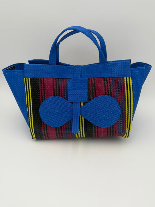 Winery Large handwoven tote bag by SCRUBIES in Blue,Wine,Yellow,Black with Stripes design and Bow accent pattern