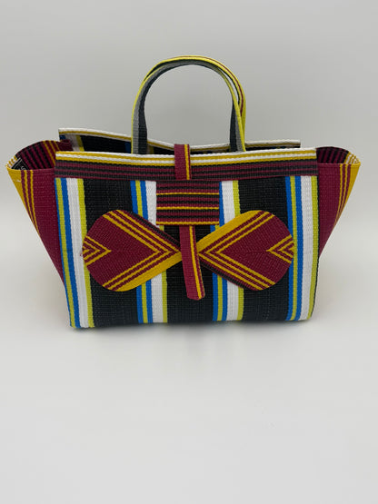 Midnight Large handwoven tote bag by SCRUBIES in Black,White,Wine,Yellow with Stripes design and Bow accent pattern
