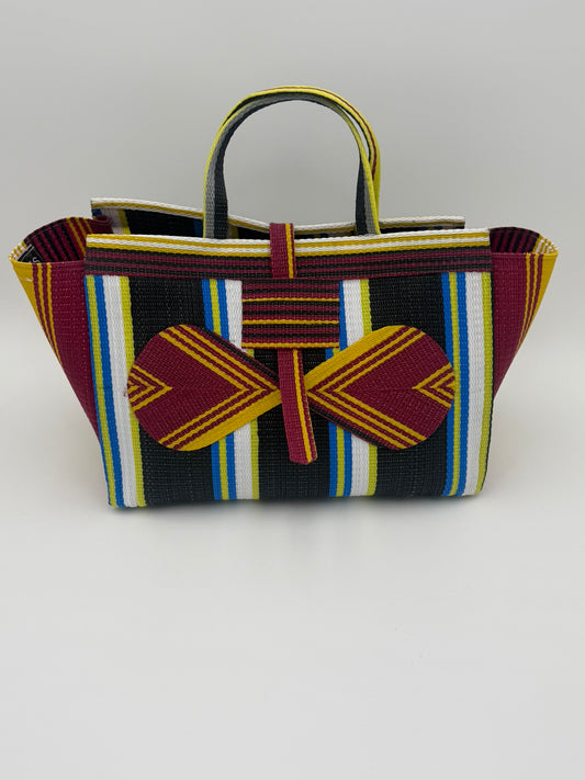 Midnight Large handwoven tote bag by SCRUBIES in Black,White,Wine,Yellow with Stripes design and Bow accent pattern