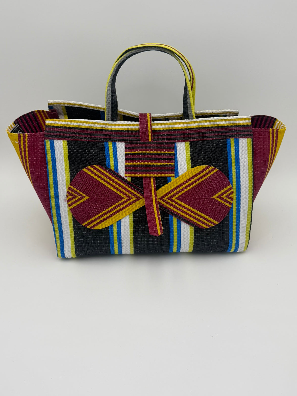 Midnight Large handwoven tote bag by SCRUBIES in Black,White,Wine,Yellow with Stripes design and Bow accent pattern