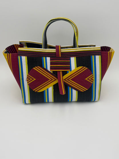 Midnight Large handwoven tote bag by SCRUBIES in Black,White,Wine,Yellow with Stripes design and Bow accent pattern