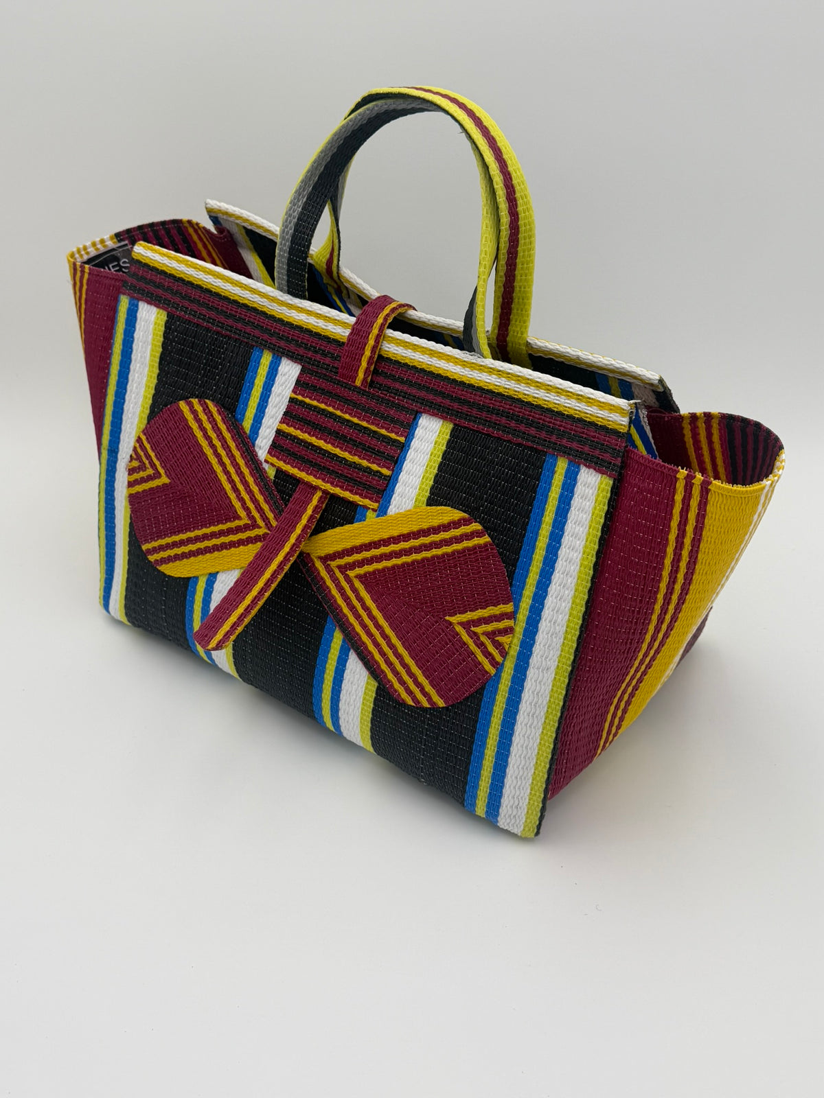 Midnight Large handwoven tote bag by SCRUBIES in Black,White,Wine,Yellow with Stripes design and Bow accent pattern