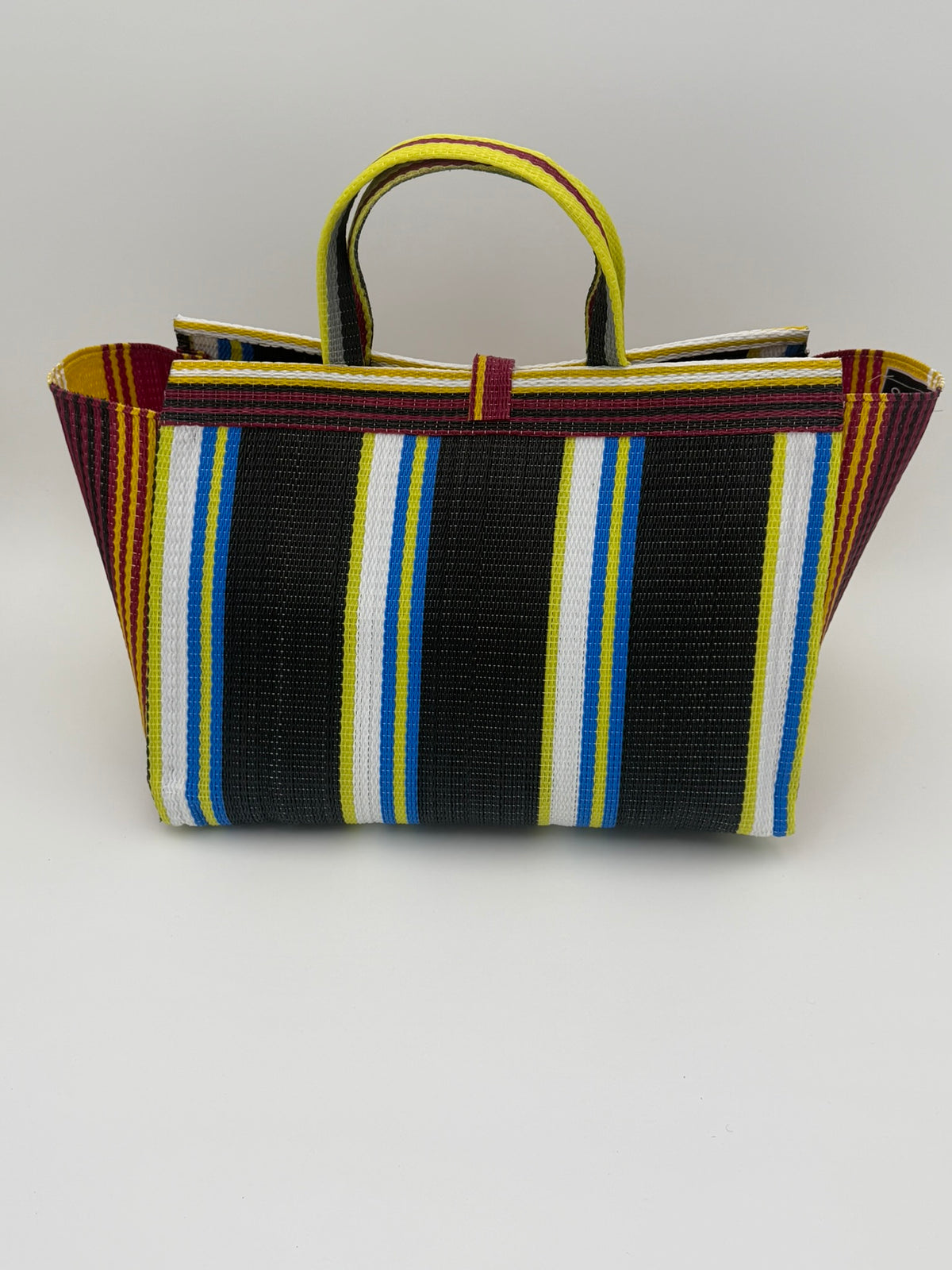 Midnight Large handwoven tote bag by SCRUBIES in Black,White,Wine,Yellow with Stripes design and Bow accent pattern