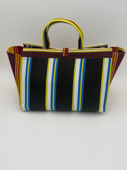 Midnight Large handwoven tote bag by SCRUBIES in Black,White,Wine,Yellow with Stripes design and Bow accent pattern