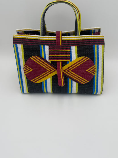 Midnight Large handwoven tote bag by SCRUBIES in Black,White,Wine,Yellow with Stripes design and Bow accent pattern