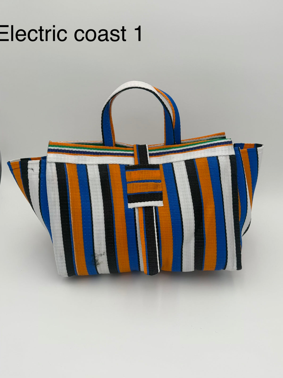 Sunshine Large handwoven tote bag by SCRUBIES in Blue,White,Orange,Black with Stripes design and None accent pattern