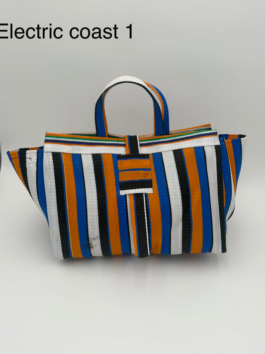 Sunshine Large handwoven tote bag by SCRUBIES in Blue,White,Orange,Black with Stripes design and None accent pattern