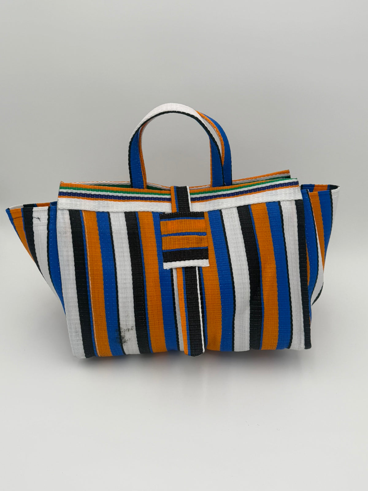 Sunshine Large handwoven tote bag by SCRUBIES in Blue,White,Orange,Black with Stripes design and None accent pattern