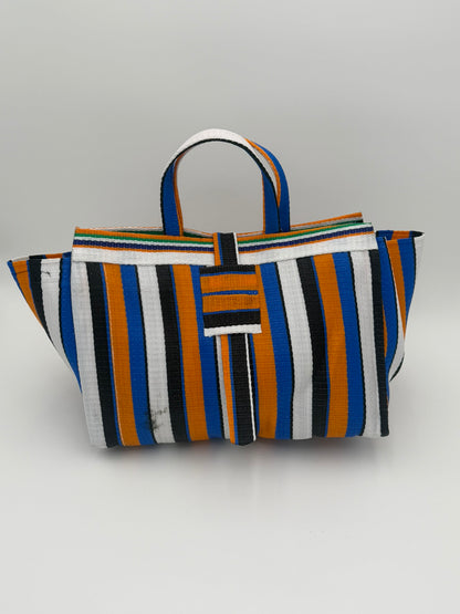 Sunshine Large handwoven tote bag by SCRUBIES in Blue,White,Orange,Black with Stripes design and None accent pattern