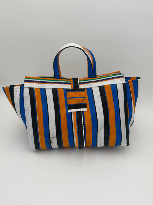 Sunshine Large handwoven tote bag by SCRUBIES in Blue,White,Orange,Black with Stripes design and None accent pattern