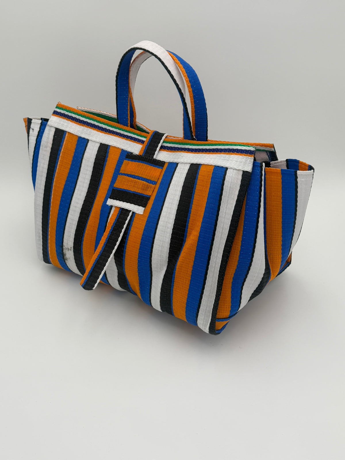 Sunshine Large handwoven tote bag by SCRUBIES in Blue,White,Orange,Black with Stripes design and None accent pattern