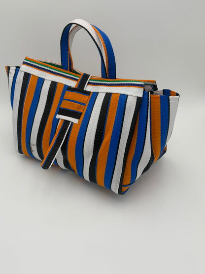 Sunshine Large handwoven tote bag by SCRUBIES in Blue,White,Orange,Black with Stripes design and None accent pattern