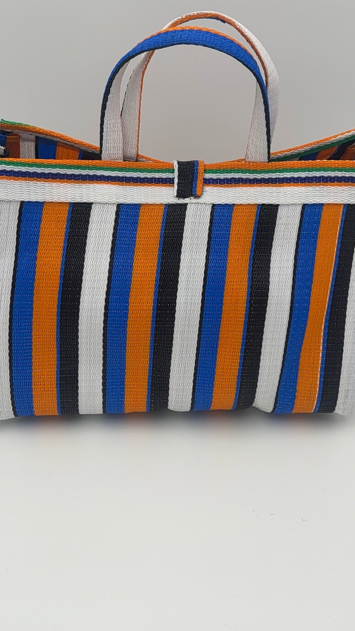 Sunshine Large handwoven tote bag by SCRUBIES in Blue,White,Orange,Black with Stripes design and None accent pattern