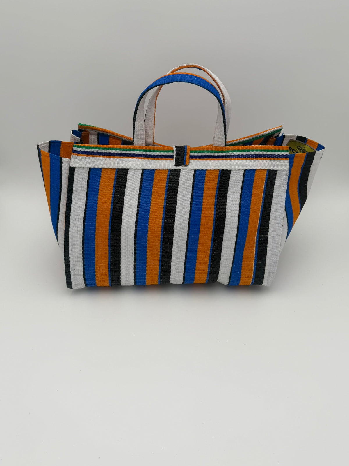 Sunshine Large handwoven tote bag by SCRUBIES in Blue,White,Orange,Black with Stripes design and None accent pattern