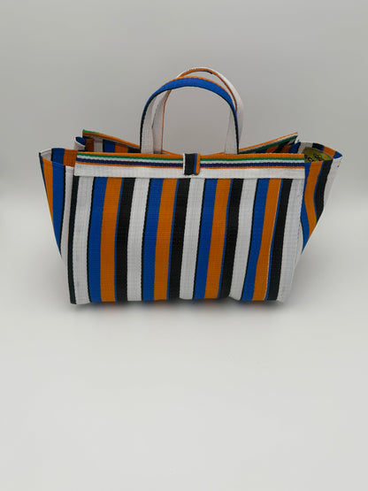 Sunshine Large handwoven tote bag by SCRUBIES in Blue,White,Orange,Black with Stripes design and None accent pattern