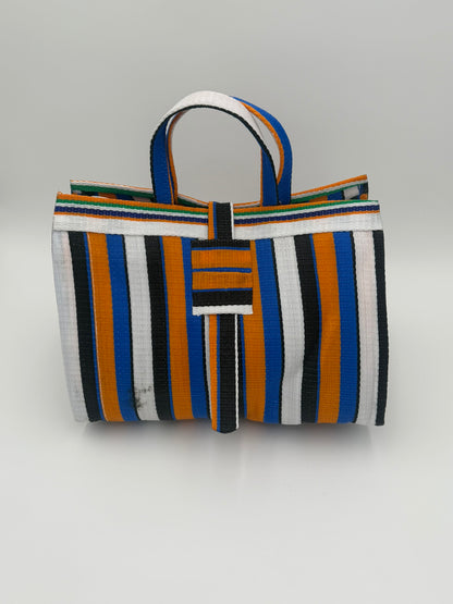 Sunshine Large handwoven tote bag by SCRUBIES in Blue,White,Orange,Black with Stripes design and None accent pattern