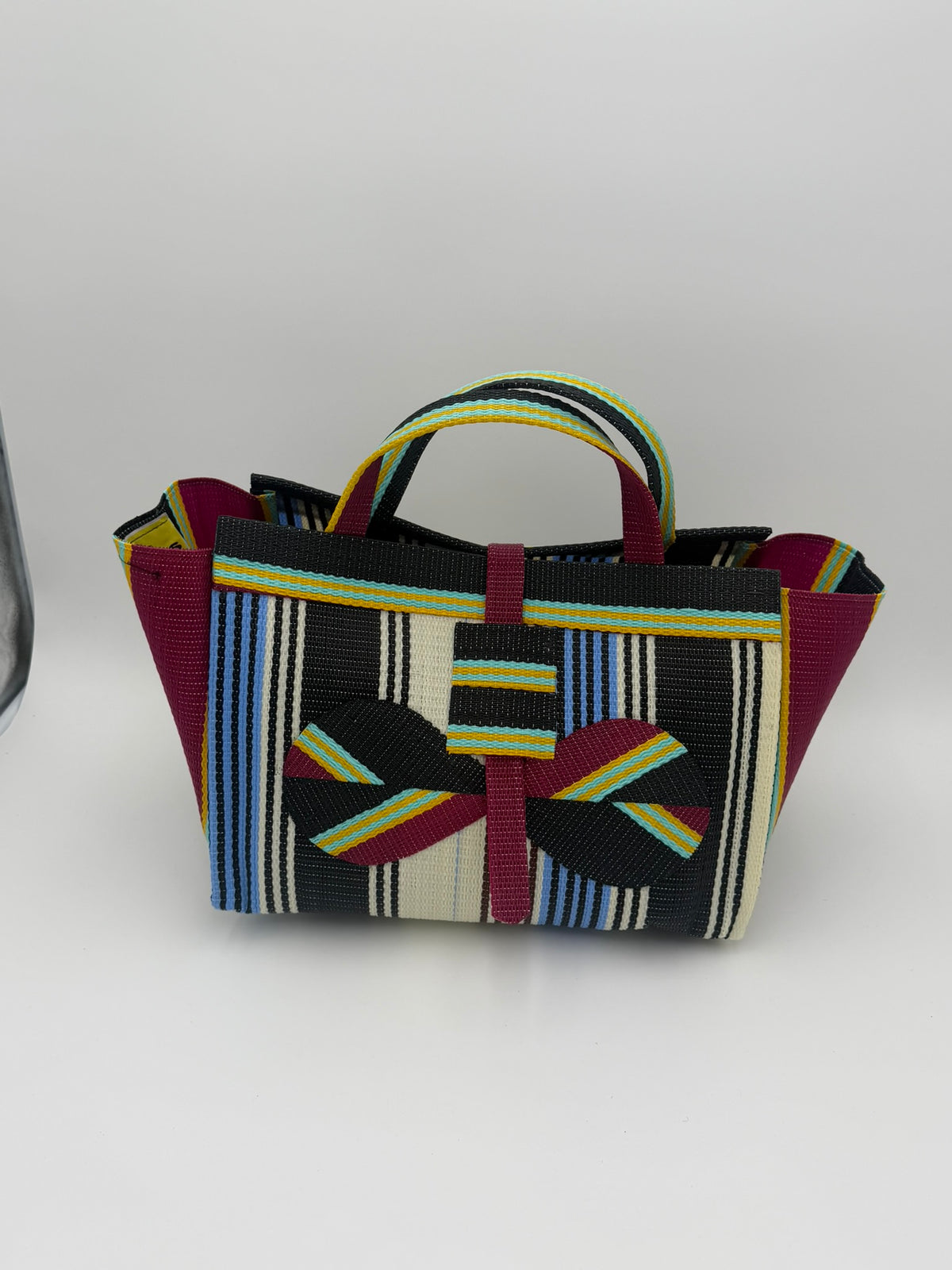 Pearl Large handwoven tote bag by SCRUBIES in Black,Wine,Blue,White with Stripes design and Bow accent pattern