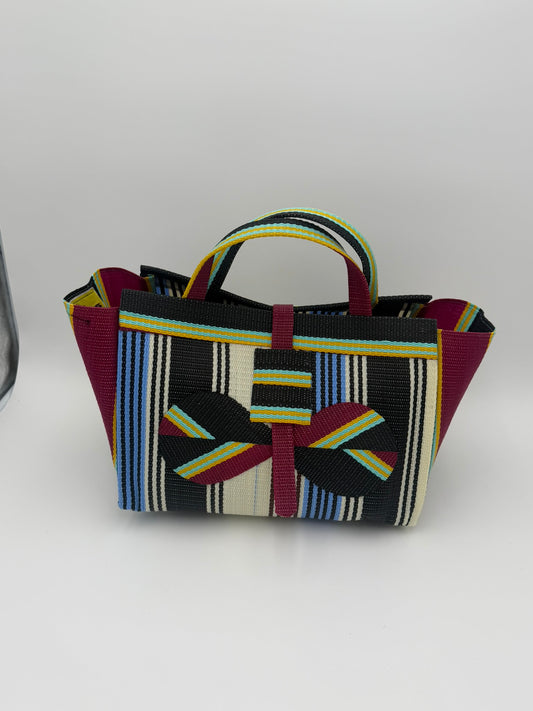 Pearl Large handwoven tote bag by SCRUBIES in Black,Wine,Blue,White with Stripes design and Bow accent pattern