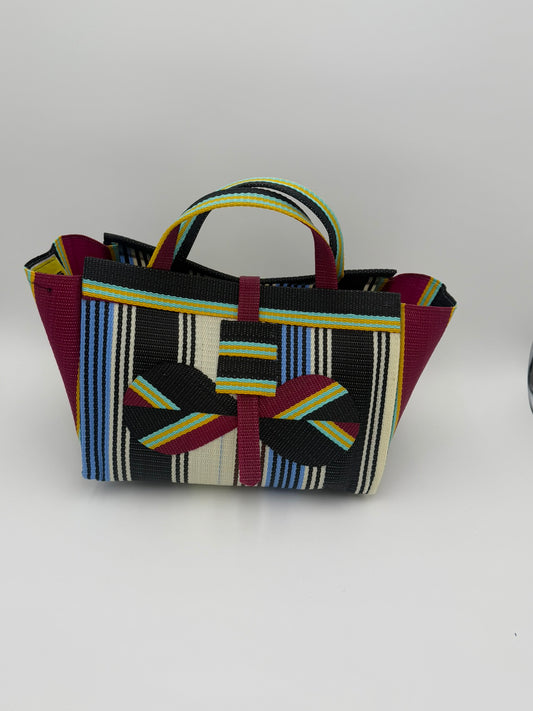 Pearl Large handwoven tote bag by SCRUBIES in Black,Wine,Blue,White with Stripes design and Bow accent pattern