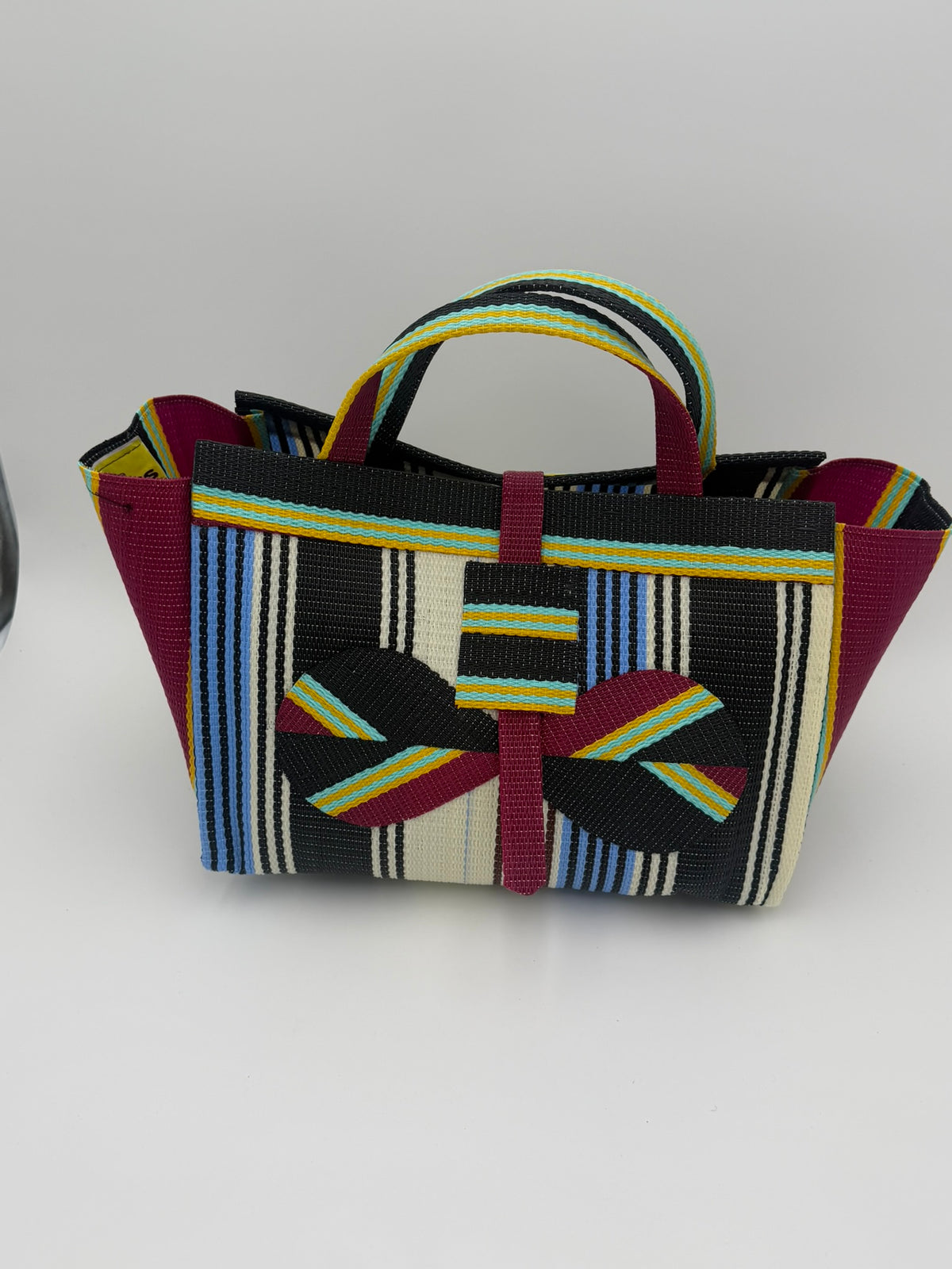 Pearl Large handwoven tote bag by SCRUBIES in Black,Wine,Blue,White with Stripes design and Bow accent pattern