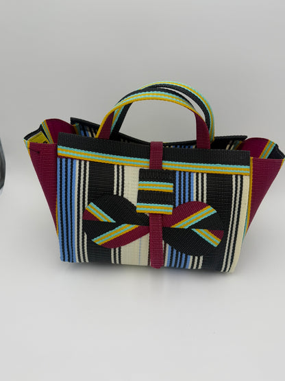 Pearl Large handwoven tote bag by SCRUBIES in Black,Wine,Blue,White with Stripes design and Bow accent pattern