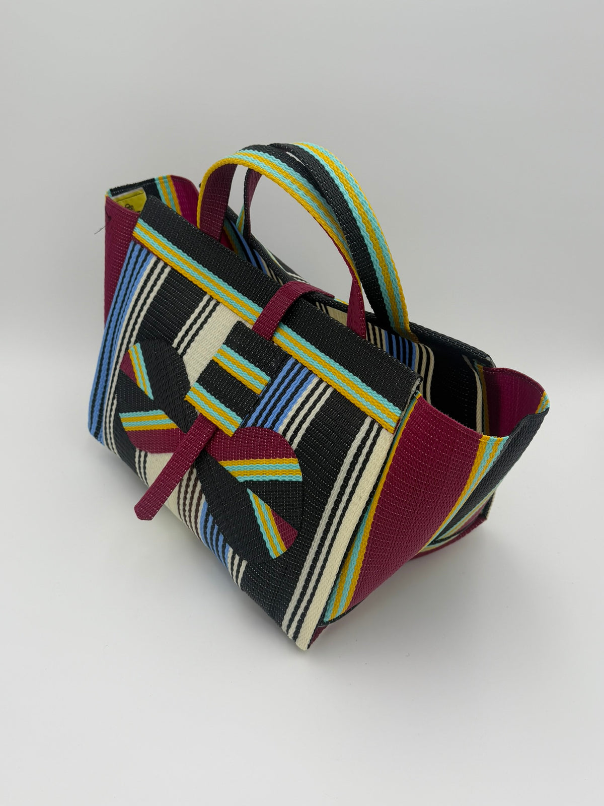 Pearl Large handwoven tote bag by SCRUBIES in Black,Wine,Blue,White with Stripes design and Bow accent pattern