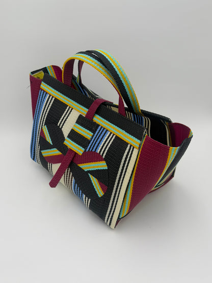 Pearl Large handwoven tote bag by SCRUBIES in Black,Wine,Blue,White with Stripes design and Bow accent pattern