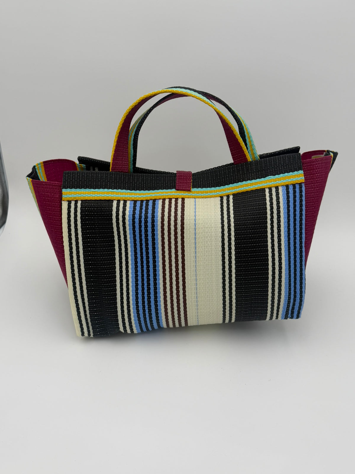 Pearl Large handwoven tote bag by SCRUBIES in Black,Wine,Blue,White with Stripes design and Bow accent pattern