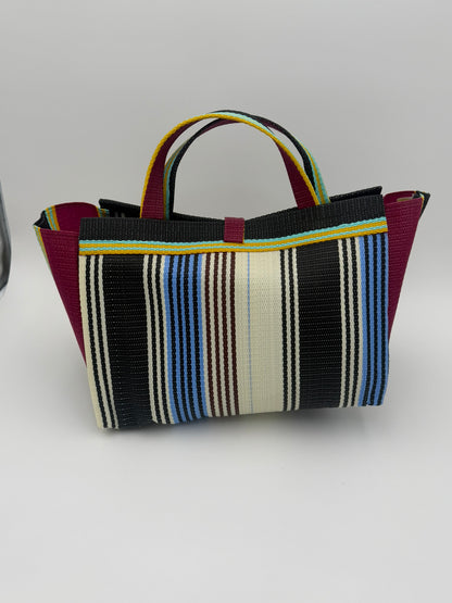 Pearl Large handwoven tote bag by SCRUBIES in Black,Wine,Blue,White with Stripes design and Bow accent pattern