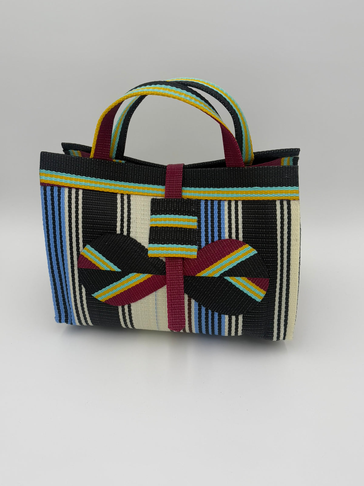 Pearl Large handwoven tote bag by SCRUBIES in Black,Wine,Blue,White with Stripes design and Bow accent pattern