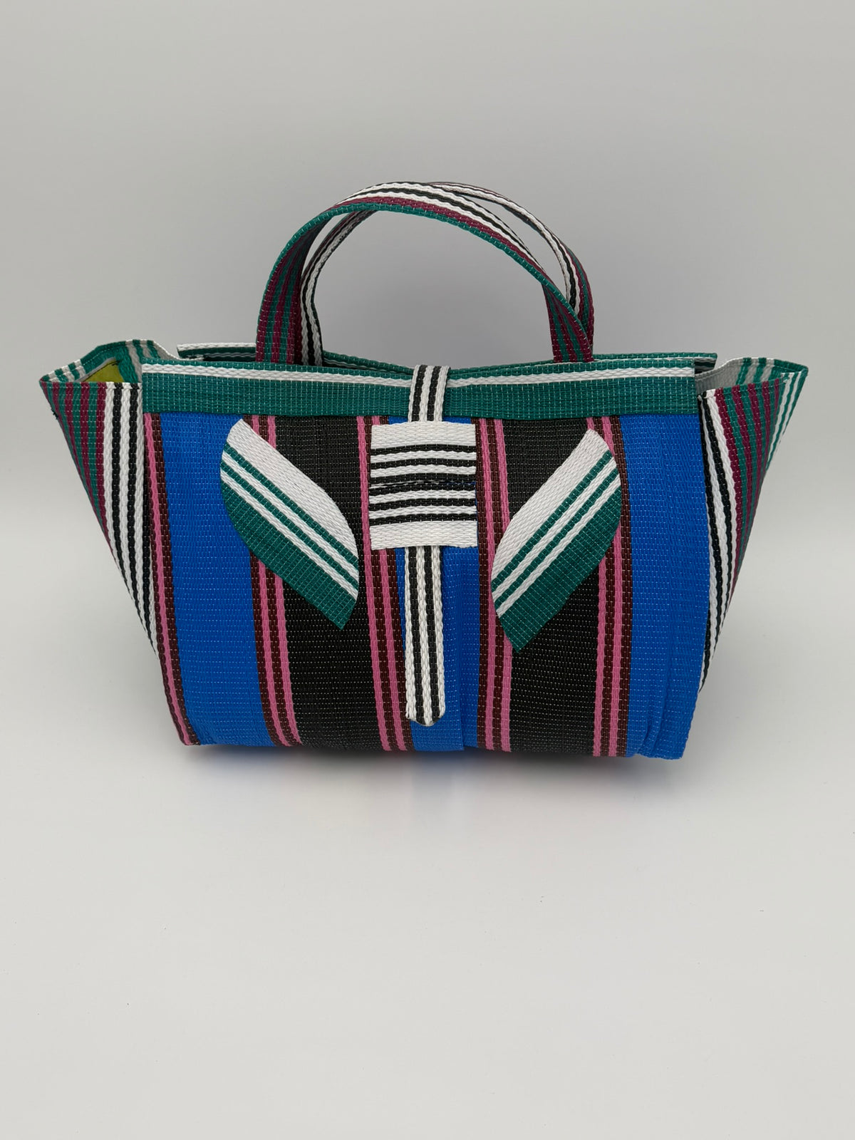 Berry Large handwoven tote bag by SCRUBIES in Blue,Black,Pink,Green,White with Stripes design and Leaf accent pattern