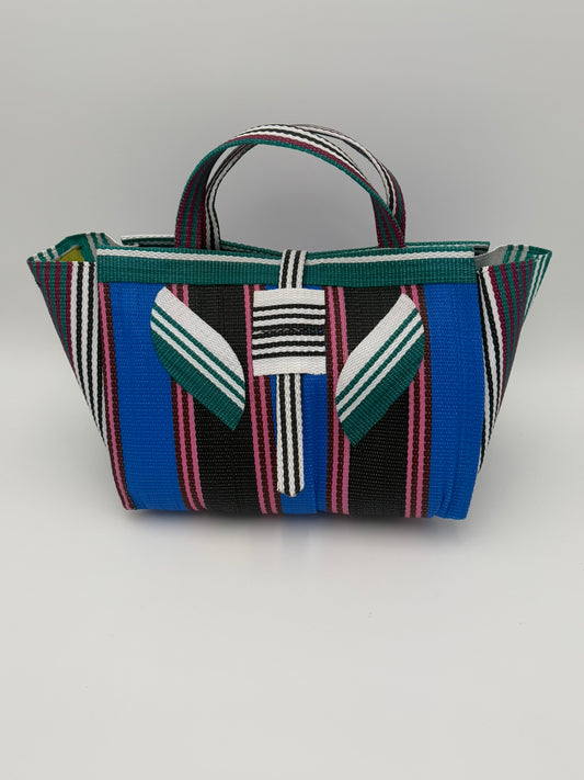 Berry Large handwoven tote bag by SCRUBIES in Blue,Black,Pink,Green,White with Stripes design and Leaf accent pattern