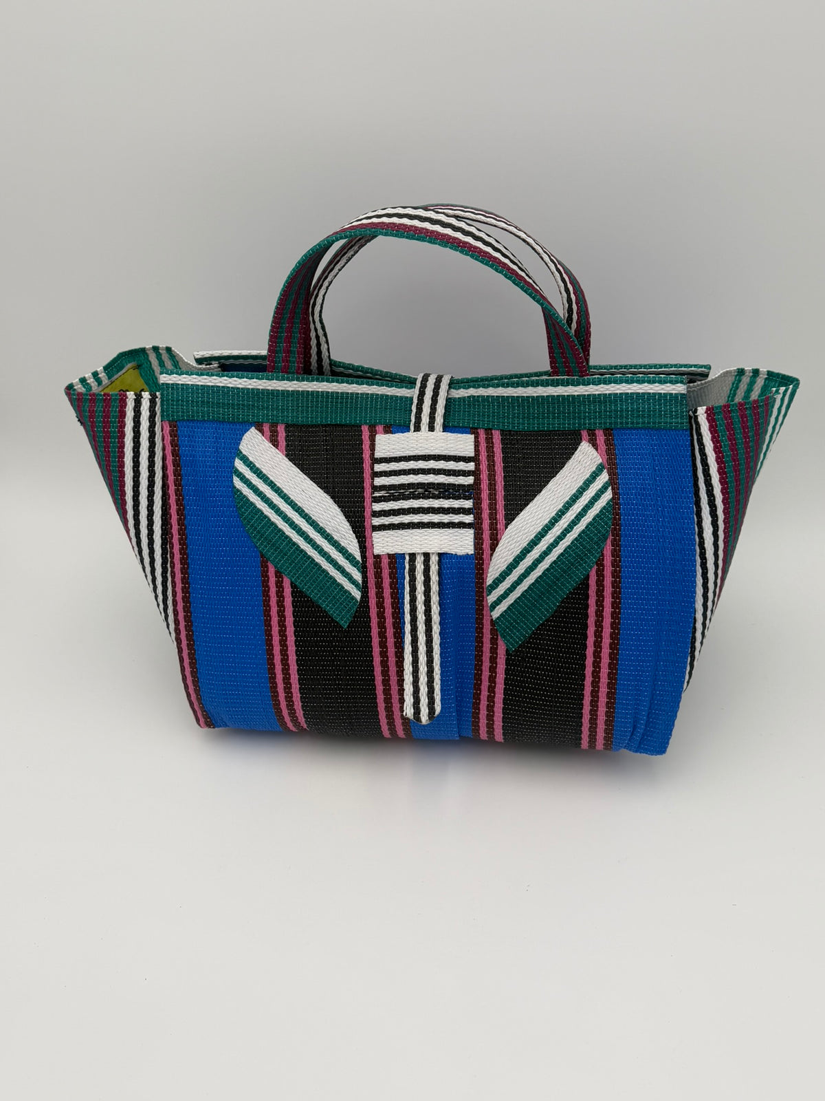 Berry Large handwoven tote bag by SCRUBIES in Blue,Black,Pink,Green,White with Stripes design and Leaf accent pattern