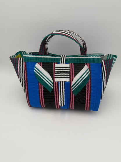 Berry Large handwoven tote bag by SCRUBIES in Blue,Black,Pink,Green,White with Stripes design and Leaf accent pattern