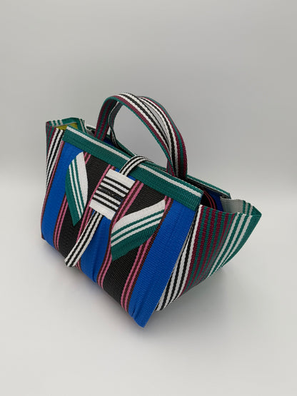 Berry Large handwoven tote bag by SCRUBIES in Blue,Black,Pink,Green,White with Stripes design and Leaf accent pattern