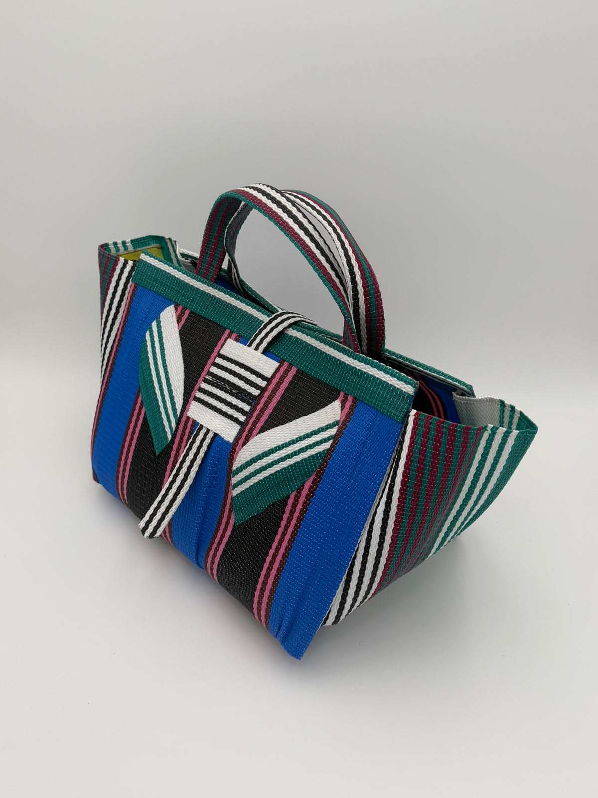 Berry Large handwoven tote bag by SCRUBIES in Blue,Black,Pink,Green,White with Stripes design and Leaf accent pattern
