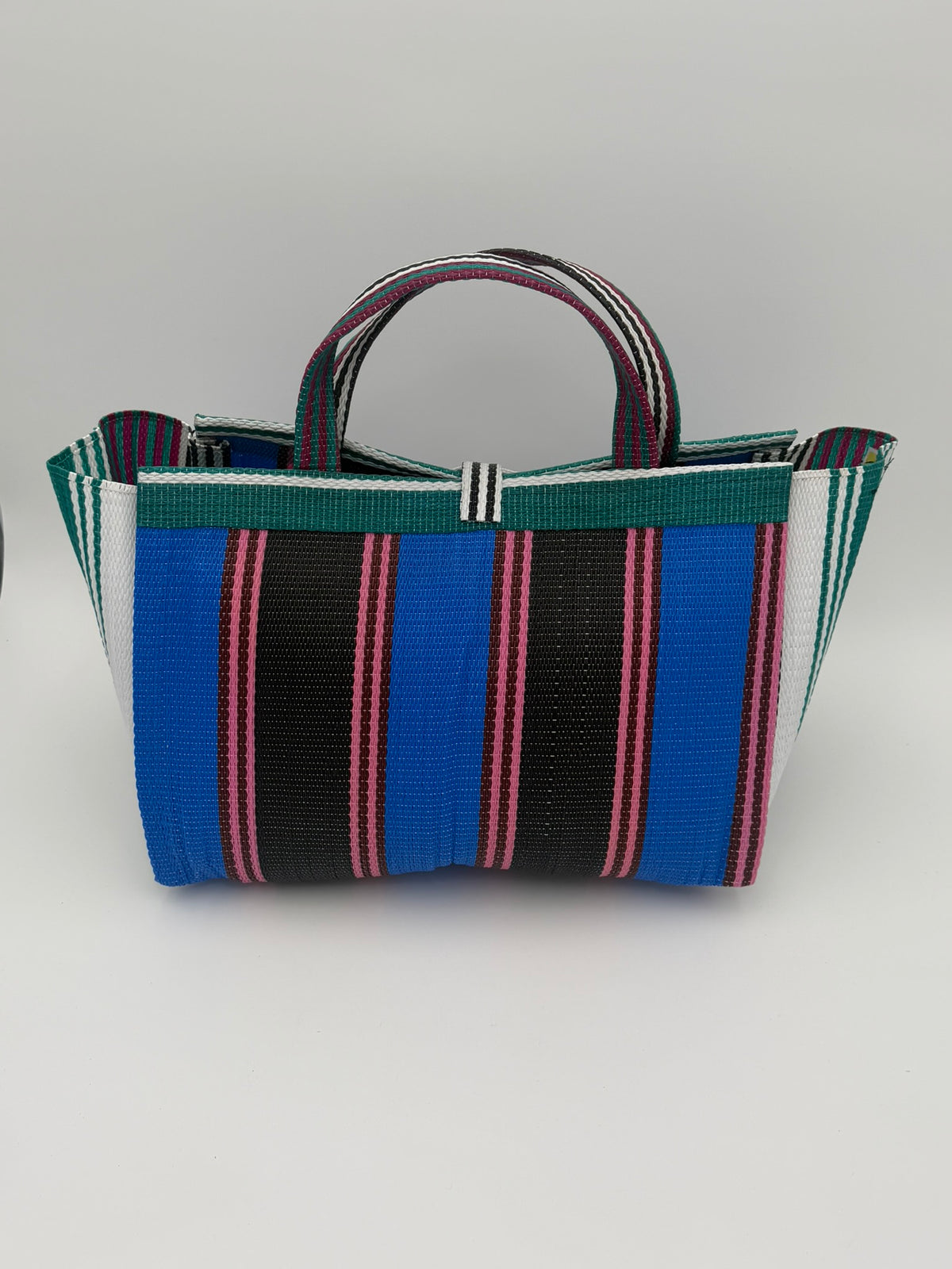 Berry Large handwoven tote bag by SCRUBIES in Blue,Black,Pink,Green,White with Stripes design and Leaf accent pattern