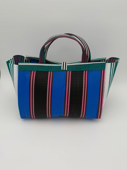 Berry Large handwoven tote bag by SCRUBIES in Blue,Black,Pink,Green,White with Stripes design and Leaf accent pattern