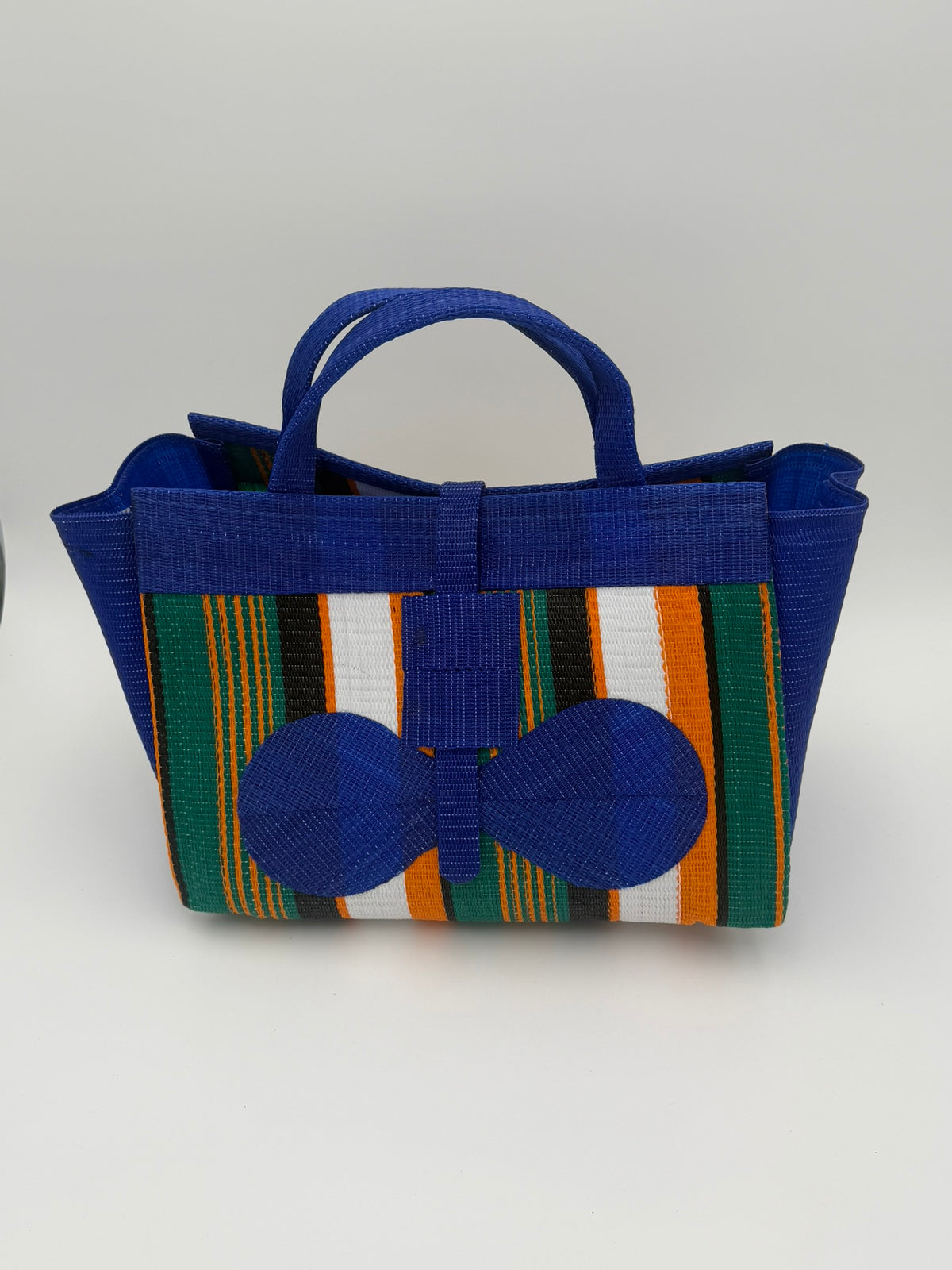 Citrus Large handwoven tote bag by SCRUBIES in Blue,Green,Orange,White,Black with Stripes design and Bow accent pattern
