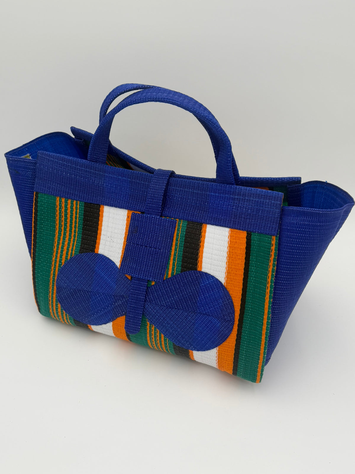 Citrus Large handwoven tote bag by SCRUBIES in Blue,Green,Orange,White,Black with Stripes design and Bow accent pattern