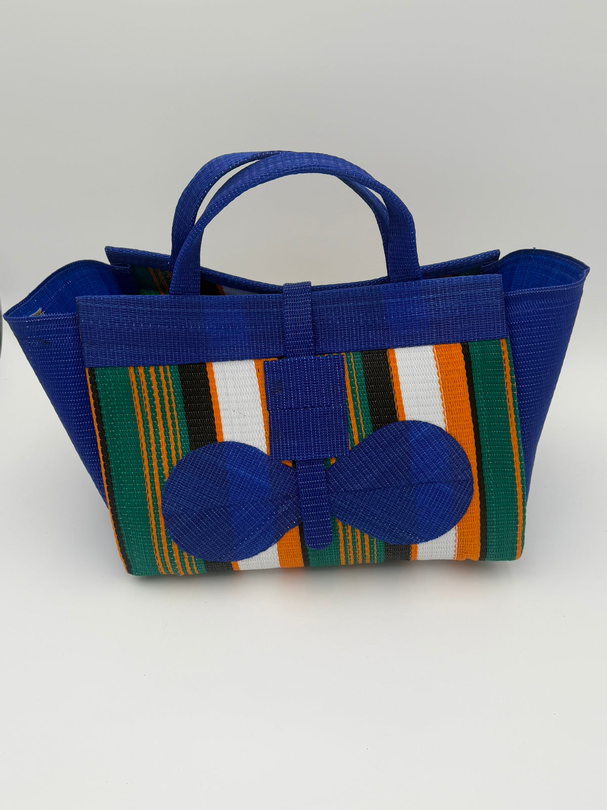 Citrus Large handwoven tote bag by SCRUBIES in Blue,Green,Orange,White,Black with Stripes design and Bow accent pattern