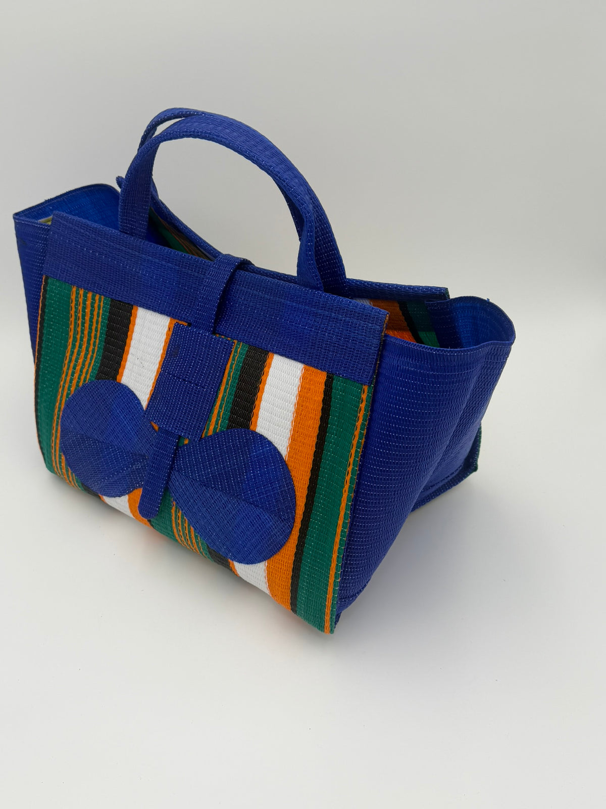 Citrus Large handwoven tote bag by SCRUBIES in Blue,Green,Orange,White,Black with Stripes design and Bow accent pattern