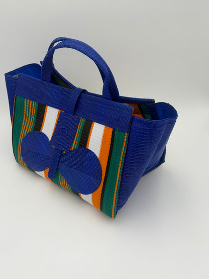 Citrus Large handwoven tote bag by SCRUBIES in Blue,Green,Orange,White,Black with Stripes design and Bow accent pattern
