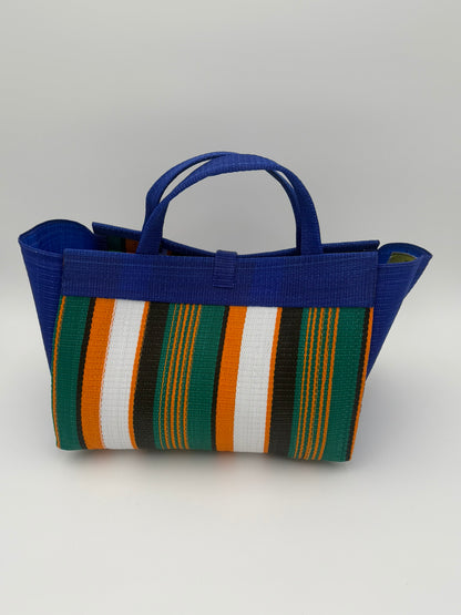 Citrus Large handwoven tote bag by SCRUBIES in Blue,Green,Orange,White,Black with Stripes design and Bow accent pattern